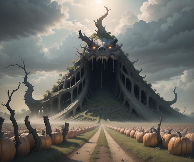 A fantasy landscape with a monster with a tree on its face