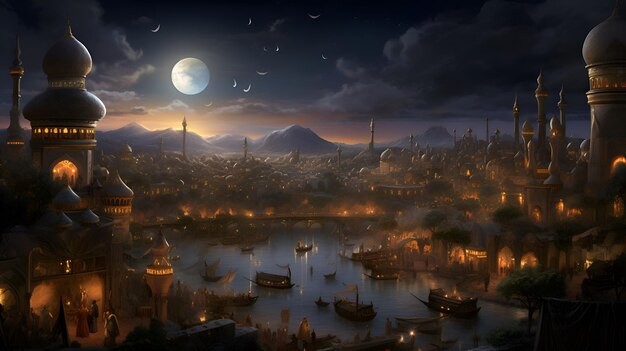 Fantasy Landscape with mosque moon and boat