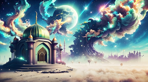 A fantasy landscape with a mosque and a moon