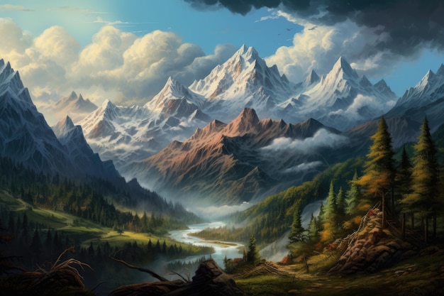 Fantasy landscape with mountain lake and forest Digital painting illustration panorama of the mountains AI Generated