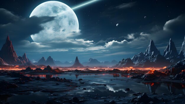 Fantasy landscape with mountain lake and forest at night 3d rendering