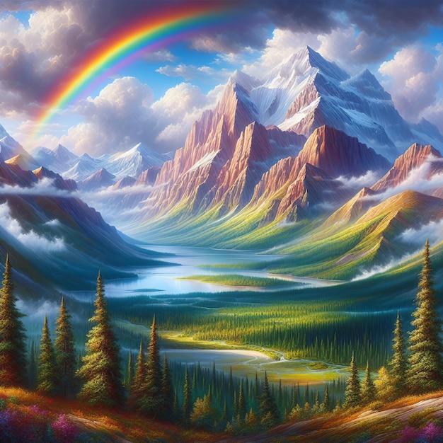 Photo fantasy landscape with mountain lake and rainbow artistic painting beautiful nature background