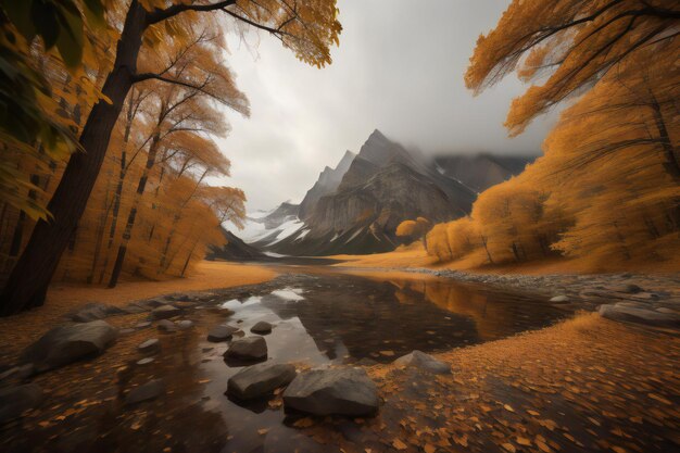 Photo fantasy landscape with mountain and river generative ai