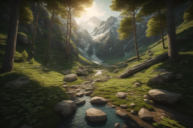 Fantasy landscape with mountain river and pine trees generative ai