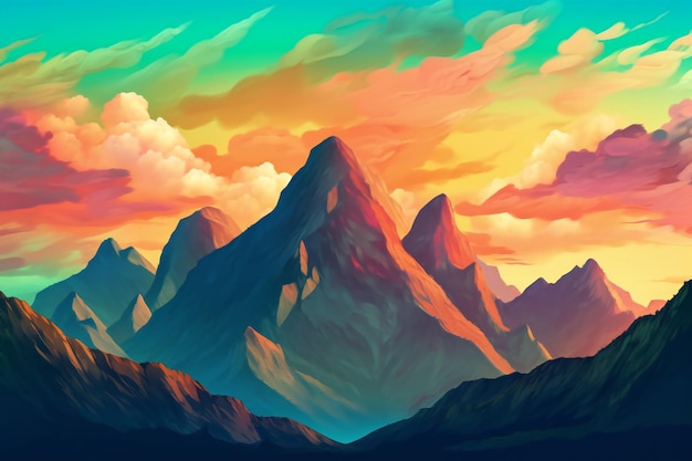 山と雲のあるファンタジー風景のカラフルなイラスト
