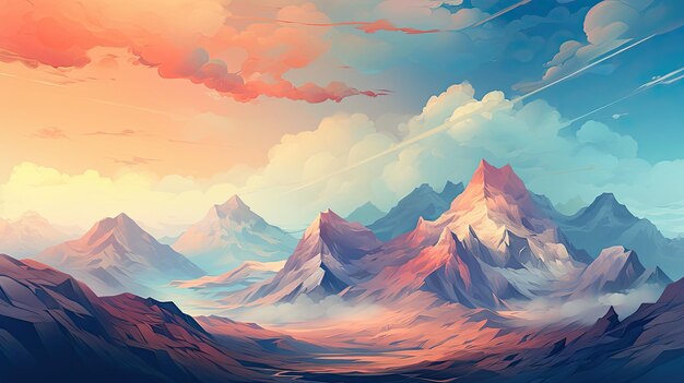 Fantasy landscape with mountains and clouds at sunset 3d illustration