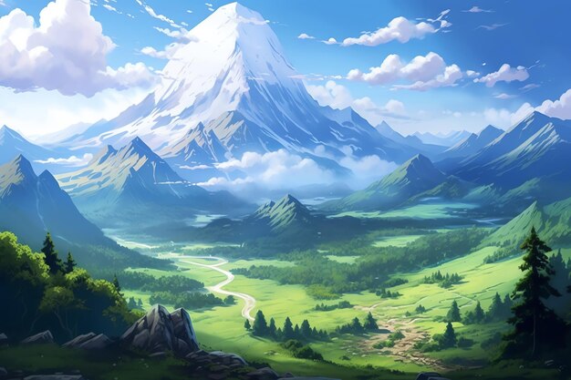 写真 アニメスタイルのイラスト山丘湖草原太陽のファンタジー風景