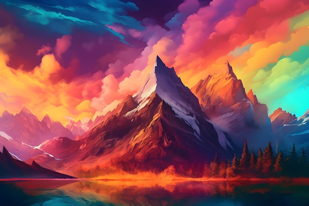 Фантастический пейзаж с горами и озером AI Generastive