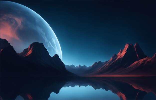 Fantasy landscape with mountains and the moon 3d render illustration