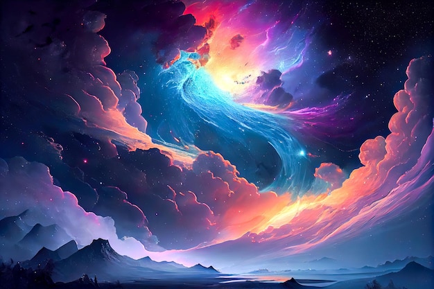 Fantasy landscape with mountains nebula and stars Generative AI