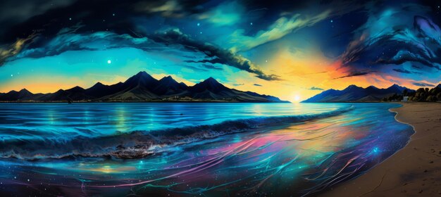 Photo fantasy landscape with mountains sea and sky digital painting