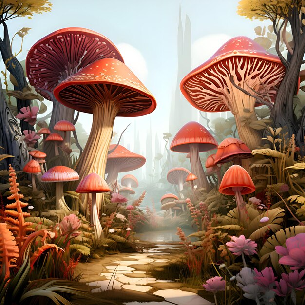 Photo fantasy landscape with mushrooms in the forest 3d illustration