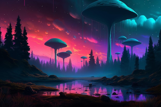 Fantasy landscape with mushrooms and a lake in the foreground