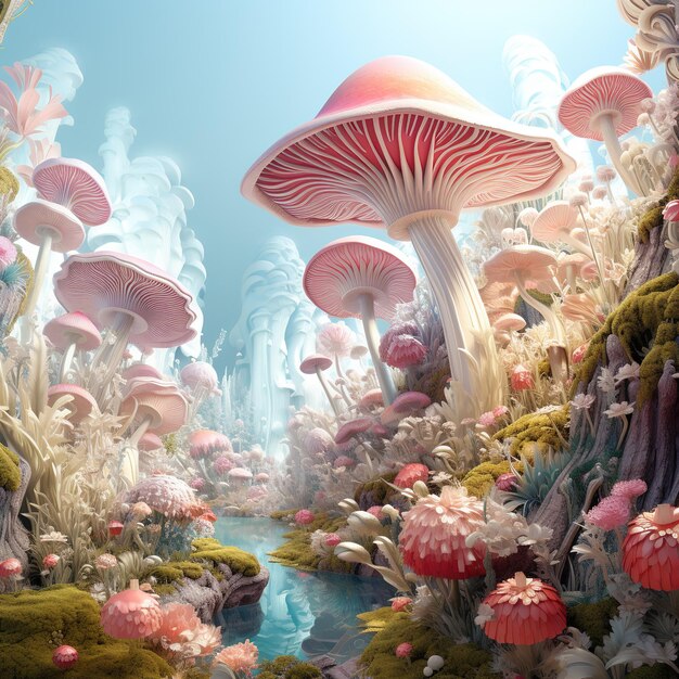 Fantasy landscape with mushrooms in the water 3D illustration Ai Generated