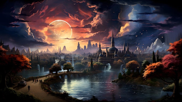 Fantasy landscape with old temple and river at night 3D rendering