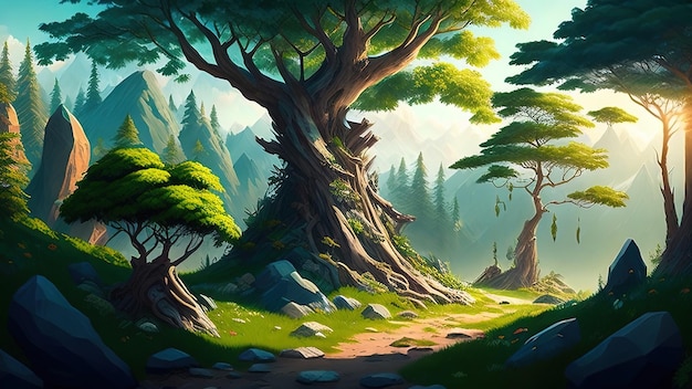 Fantasy landscape with old tree on the path Vector illustration