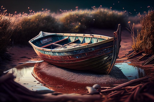 Fantasy landscape with old wooden boat on the watergenerative ai