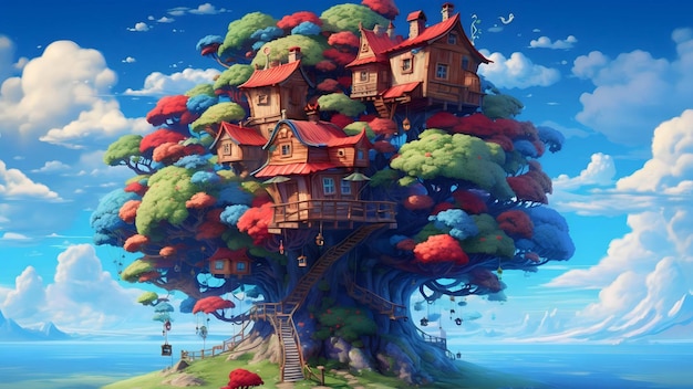 Fantasy landscape with old wooden house on the tree