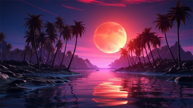 Fantasy landscape with palm trees lake and full moon vector illustration