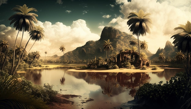 Fantasy landscape with palm trees and lake Generative AI