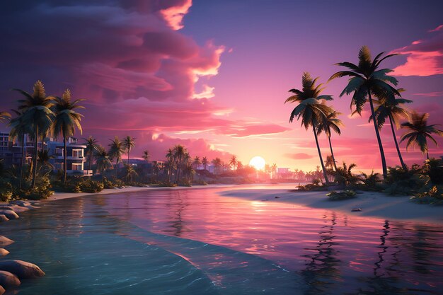 Fantasy landscape with palm trees and moon 3D illustration