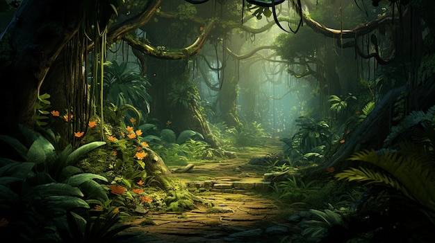 Fantasy landscape with path in the jungle