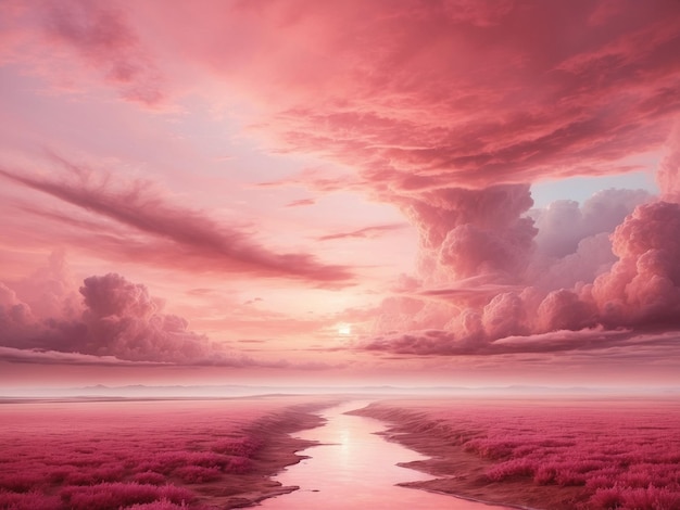 Фантастический пейзаж с розовым лугом и горами в облаках