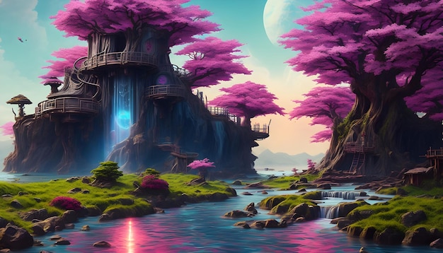 A fantasy landscape with a pink tree and a waterfall