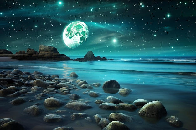 Fantasy landscape with planet on the background of the sea and starry sky