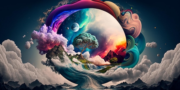 惑星と雲の 3 D イラストレーションのファンタジー風景