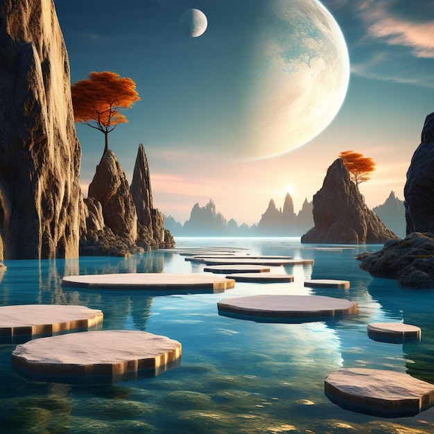 Fantasy landscape with planet Earth in water