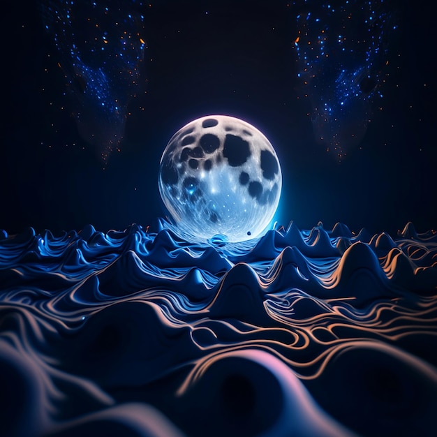 Foto paesaggio fantastico con pianeta e luna 3d rendering tonato sfondo imageosmico di nottegenerati