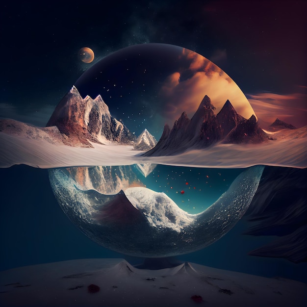 Fantasy landscape with planet and mountains Elements of this image furnished by NASA