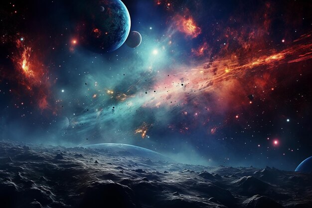 Fantasy landscape with planet and nebula in space Elements of this image furnished by NASA