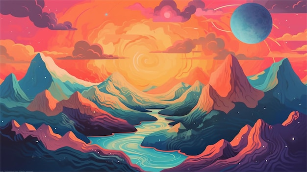 Fantasy landscape with planet and sea Vector illustration for your design