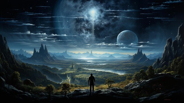 Photo fantasy landscape with planet and stars 3d illustration generate ai