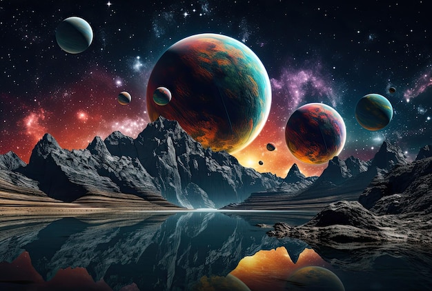 사진 공간 3d 그림에 행성과 별이 있는 환상의 풍경