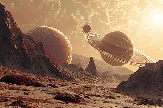 Fantasy landscape with planets in the sky