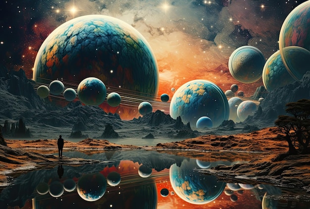 Fantasy landscape with planets and stars in the space 3d illustration