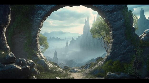 Fantasy landscape with a portal archway Ancient magical stone gate show another dimension reality