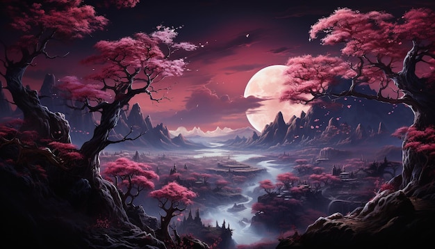 은 숲과 보름달을 가진 판타지 풍경 3D 렌더링