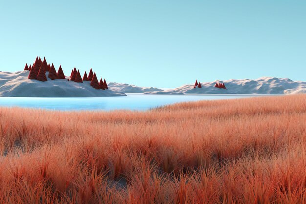 Фото Фантастический пейзаж с красной травой и горами
