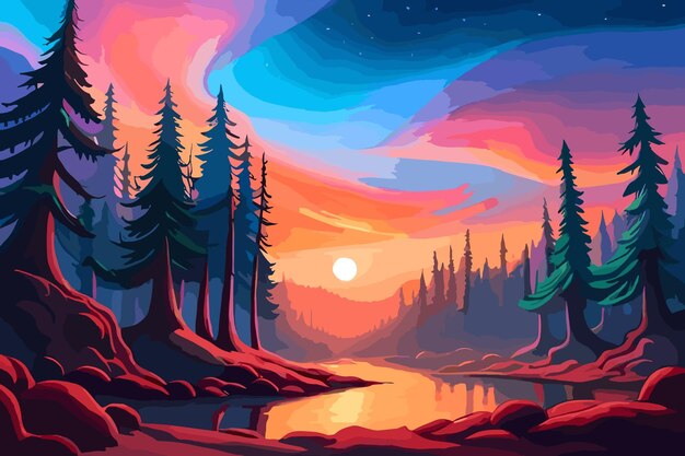 Fantasy landscape with river and forest at sunset Vector illustration beautiful pine tree forest