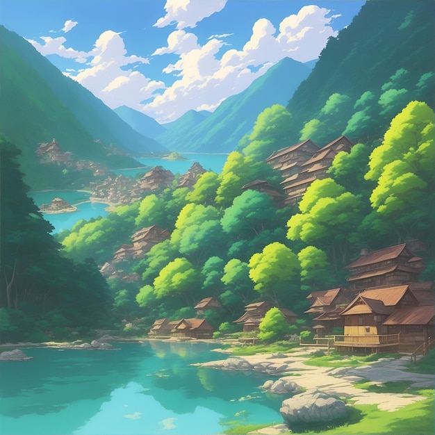 川の山と森のあるファンタジー風景