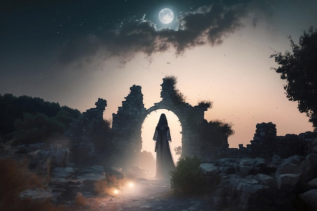 Fantasy landscape with ruins and woman ghost