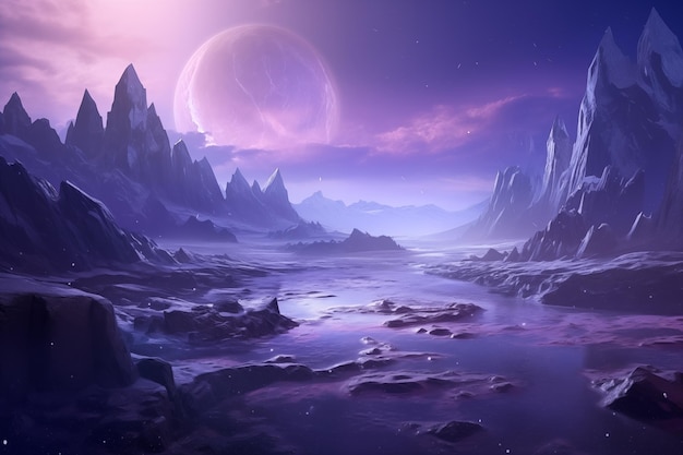 Фантастический пейзаж с песчаными ледниками и фиолетовым кристаллом от Generative AI