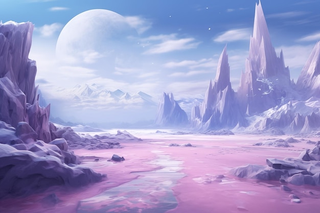 Fantasy landscape with sandy glaciers and purple crystal by Generative AI