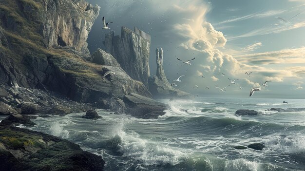 Фото fantasy landscape with seagulls flying over rocks and sea