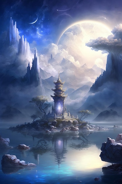 A fantasy landscape with a small pagoda and mountains in the background.