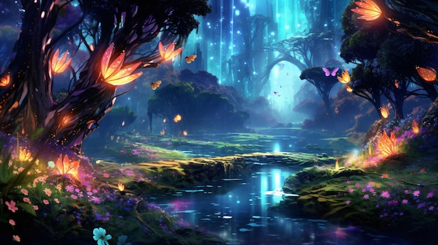 Foto paesaggio fantasy con scintillii e farfalla